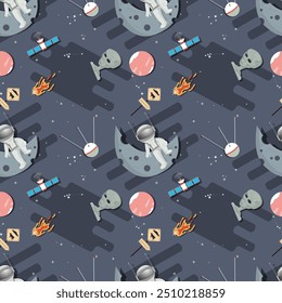 Padrão contínuo, um astronauta no espaço sideral se senta no planeta Lua crianças planas rabiscar