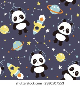 Seamless pattern astronaut panda flying in outer space. Cute panda rocket stars planet vector illustration for wrapping fabric textile wallpaper.