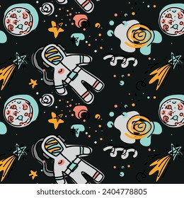 Seamless pattern with astronaut, planets, stars and comet.