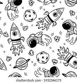 Seamless Pattern With Astronaut, Rocket And Planets In Doodle Style. Hand Drawn Space Pattern.