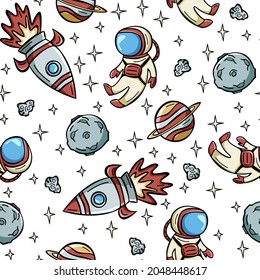 Seamless pattern with astronaut, rocket and planets in doodle style. Hand drawn space pattern.