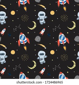 Seamless Pattern With Astronaut And Rocket In The Space