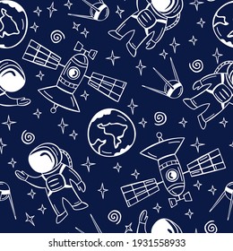 Seamless Pattern With Astronaut, 
Satellite And Planets In Doodle Style. Hand Drawn Space Pattern.