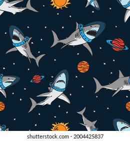 Seamless pattern of a astronaut shark and space background elements