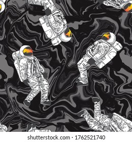 Seamless pattern of a astronaut and space background elements. Vector illustration.