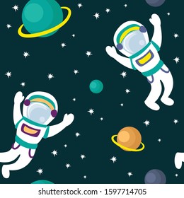 Seamless pattern with astronaut in space for textile, paper, website. Vector flat illustration isolated on the dark blue background. 