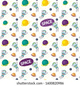 Seamless pattern with astronaut in space for textile, paper, website. Vector flat illustration isolated on the white background. 