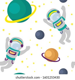 Seamless pattern with astronaut in space for textile, paper, website. Vector flat illustration isolated on the white background. 