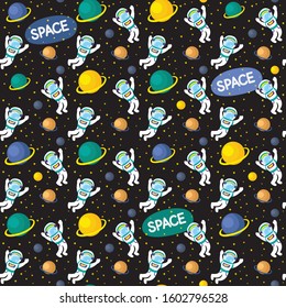 Seamless pattern with astronaut in space for textile, paper, website. Vector flat illustration on the black background. 