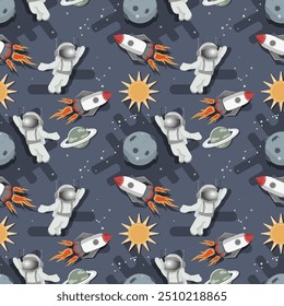 Seamless pattern, an astronaut in a spacesuit among the stars and planets in outer space flat childrens doodles