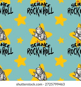 Padrão contínuo com astronauta e estrelas. Ilustração vetorial em estilo cartoon.