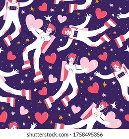 Seamless pattern of astronauts flying in outer space. Couple in love among the stars. Man gives his heart to a woman. Background of the starry sky. Concept of cosmic love. Hand drawn vector style