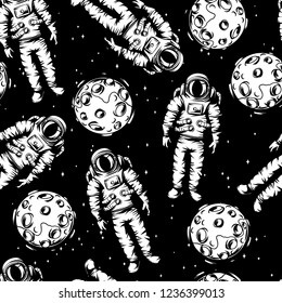 Seamless pattern of astronauts and moons. Spacemen in suit. Cosmonauts in outer space. Satellite with craters.