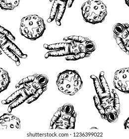 Seamless pattern of astronauts and moons. Spacemen in suit. Cosmonauts in outer space. Satellite with craters.