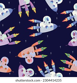 Seamless pattern astronauts on a rocket in space in different colors in a cartoon children's multicolored cheerful style. wallpaper, social media. vector illustration on the  space background