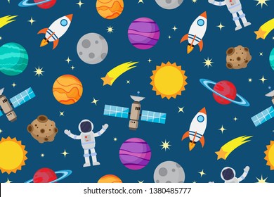 Seamless pattern of astronauts and planet in space galaxy background - Vector illustration