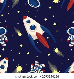 Seamless pattern with astronauts, rocket and stars, Cartoon vector graphics.