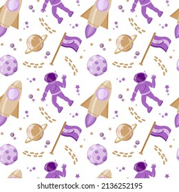 Seamless pattern with astronauts in space, drawn elements in flat style. People in outer space. Planets, stars and rocket. Flag. Vector in cartoon style on white background. 
