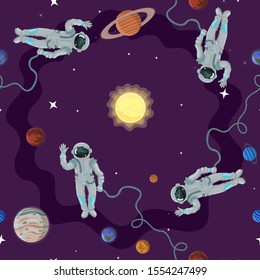 Seamless pattern with astronauts in space. Vector graphics