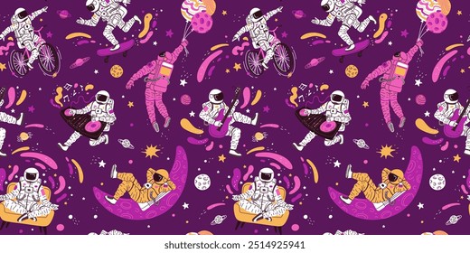 Seamless pattern with astronauts in spacesuit. Cartoon vector flying cosmonaut playing guitar, DJ, rides bikes and skateboarding, meditates. Fantasy character soaring with stars and planets in space