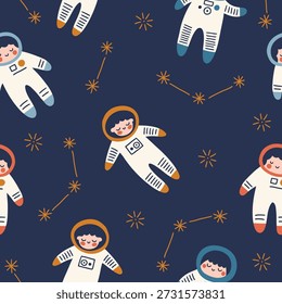 Padrão contínuo com astronautas, estrelas e constelações em fundo azul escuro. Perfeito para papel de parede, papel de presente, cartões de felicitações para crianças. Ilustração desenhada à mão vetorial
