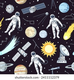 Seamless pattern with astronauts, stars, planets and satellites in cosmos. Cartoon print with space elements, vector illustration