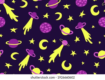 Seamless pattern with astronomical or celestial objects. Heavenly bodies in space. Vector hand drawn illustration in doodle style.