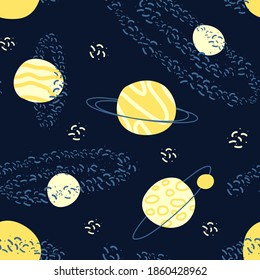 Seamless pattern of astronomical objects, represented by star clusters and planets. A simple outer space pattern to print on baby supplies. Flat vector illustration.