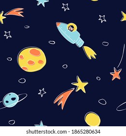 Seamless pattern of astronomical objects represented by star clusters, planets, and an astronaut in rocket. A simple outer space pattern for baby supply prints. Flat vector dark background.