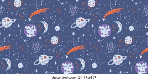 Seamless pattern with astronomy symbols. Outer space retro background.  International day of human space flight. Doodle style vector illustration.


