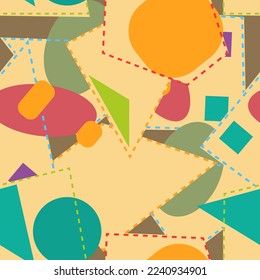 Seamless pattern of asymmetric abstract compositions arranged in a chaotic manner. Retro palette. Vector illustration