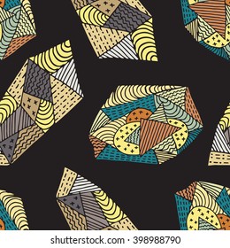 Seamless pattern with asymmetric shapes in the style of zentangl on a dark background