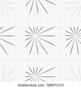 Seamless pattern. Asymmetric stars. Checkered background. Grey tones.