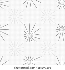Seamless pattern. Asymmetric stars. Checkered background. Grey tones.