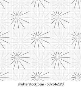 Seamless pattern. Asymmetric stars. Checkered background. Grey tones.