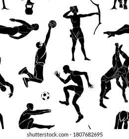 Seamless pattern with athletes of different sports. Greco-Roman wrestling, running, basketball, soccer, archery, fitness, swimming. Vector image.