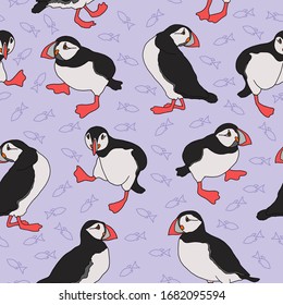 Seamless pattern with Atlantic dead ends. Funny Northern birds isolated on a purple background in cartoon style.  For banners, textiles, websites, web pages, packaging, and children's design.