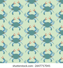 A seamless pattern of Atlantic and Gulf of Mexico blue crabs that are commonly used in Chesapeake Bay and Mid-Atlantic seafood dishes.