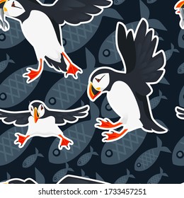 Seamless pattern atlantic puffin bird cartoon animal design flat vector illustration on blue background with fish