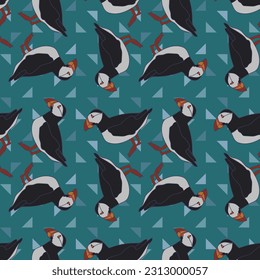 Seamless pattern with Atlantic puffin. Fratercula arctica or common puffin birds design vector illustration. great for textiles, banners, wallpapers. svg
