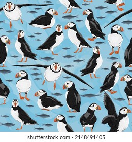 Seamless pattern with Atlantic puffin. Realistic Fratercula arctica or common puffin birds in different poses. vector birds svg