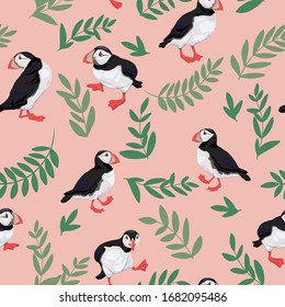 Seamless pattern with Atlantic puffins. Funny Northern birds with green leaves isolated on a pink background in a realistic watercolor style.  For banners, textiles, websites, webpages, packaging, etc