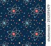 Seamless pattern with atom and orbital electrons. Scientific research, physics concept. Seamless background. Vector illustration on blue background