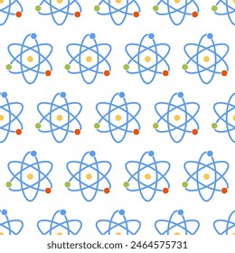 Seamless pattern with Atom, orbital electrons. Nuclear energy, scientific research, molecular chemistry, physics science concept. Repeat background. Vector illustration isolated on white