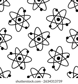 Padrão contínuo com símbolo de átomo. Tema de educação, química ou física, biotecnologia, energia quântica. Vetor preto e branco ilustração mão desenhado rabiscar. Estampagem para têxteis ou papel