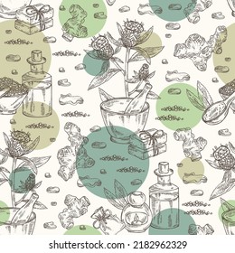 Seamless pattern with atraktylodes large: plant, leaves, atraktylodes large root and atractylodes lancea flowers. Cosmetic and medical plant. Vector hand drawn illustration