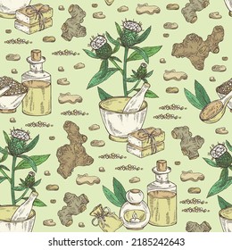 Seamless pattern with atraktylodes large: plant, leaves, atraktylodes large root and atractylodes lancea flowers. Cosmetic and medical plant. Vector hand drawn illustration