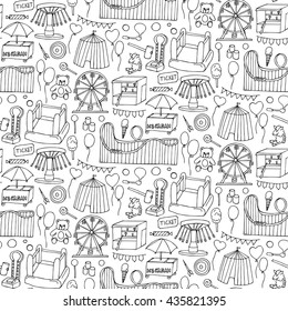 Seamless pattern with attraction. Hand drawn doodle elements and objects