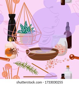 Seamless pattern with attributes for aromatherapy. Vector illustration.