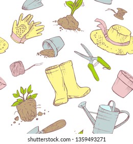 Seamless pattern. Attributes gardener. Garden, seedling pots, watering can, hat, spatula, gloves, garden shears.